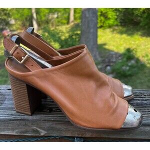 Aldo Brown Genuine Leather Peep Toe Chunky Heel Ankle Strap Size 8.5 Wood Heel